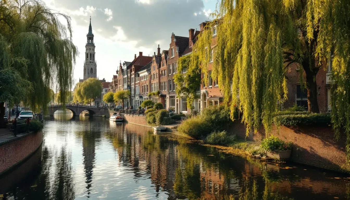 Filming in Bruges with canal and belfry view